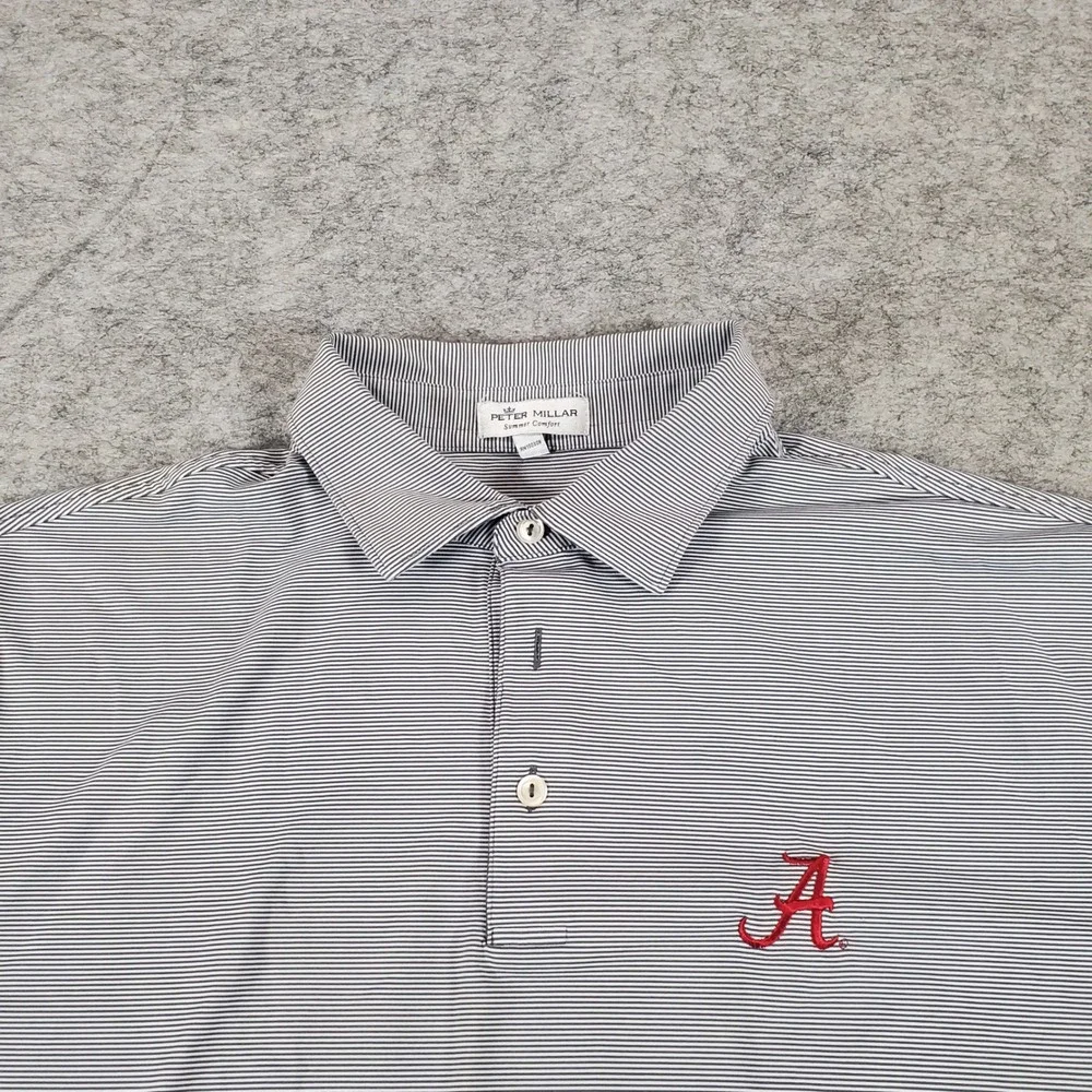 Peter Millar Polo Shirt Mens Large Grey Striped Alabama Crimson Tide Golf Casual